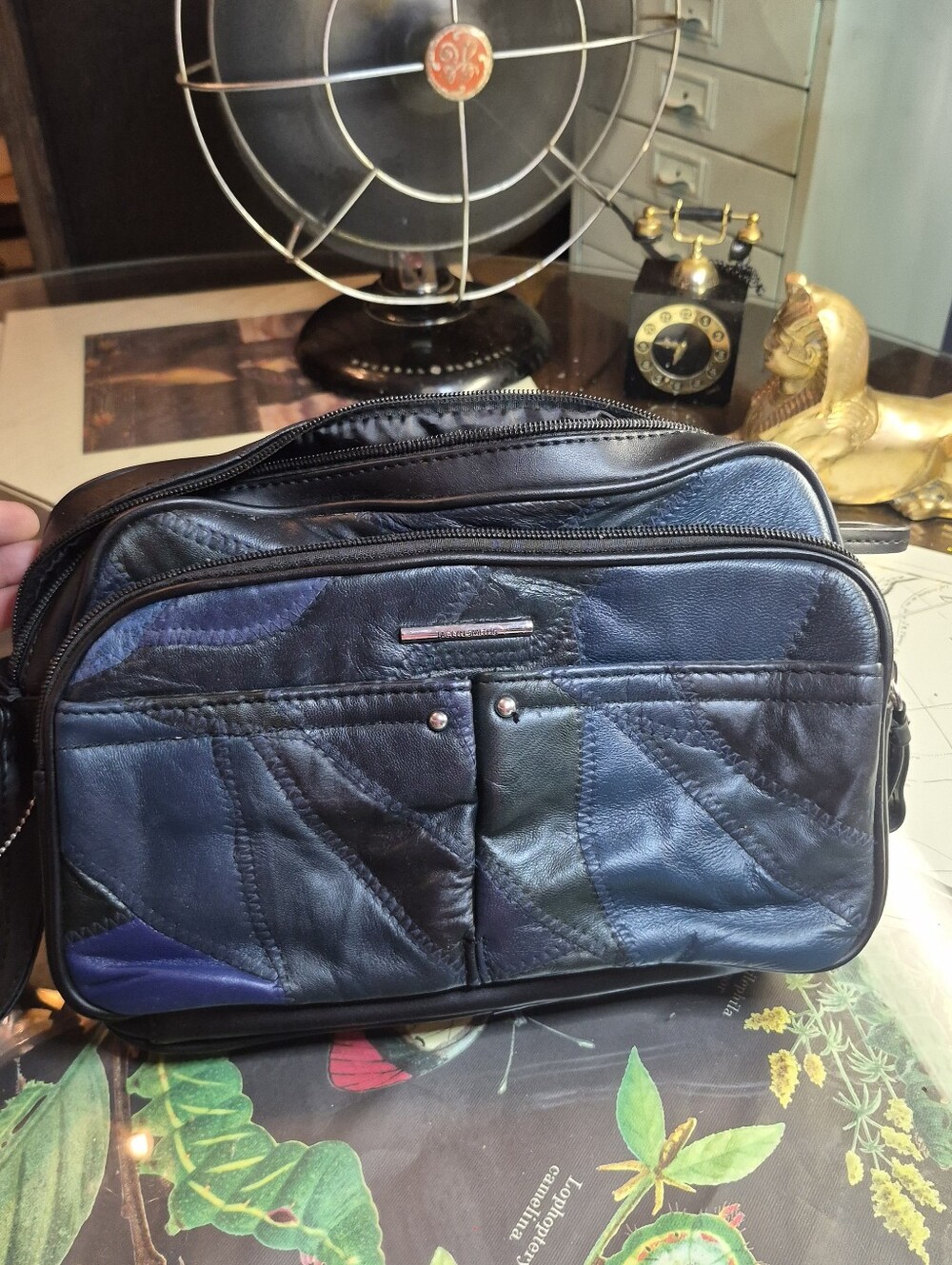 Women's Quilted Patchwork Shoulder Bag in Black and Navy VINTAGE
